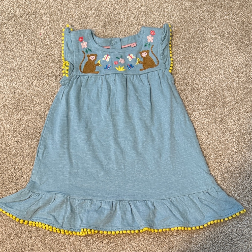 Baby Boden Blue Dress with Monkey and Floral Embroidery